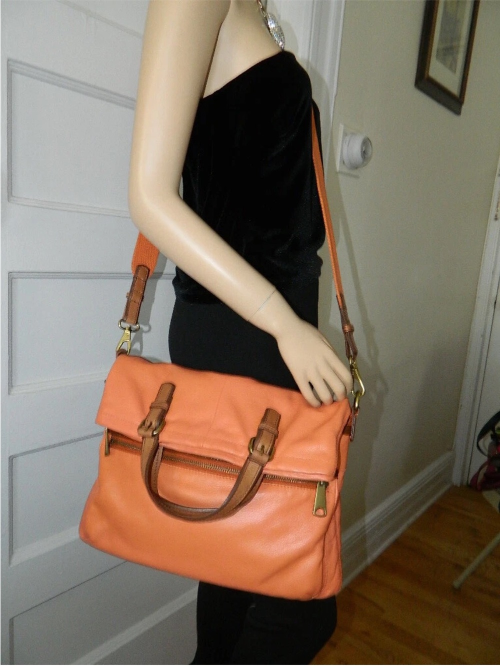 Vintage Fossil Explorer Orange Leather Foldover Tote Crossbody Bag